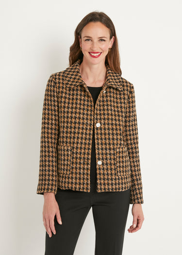 Veste boutonnée courte jacquard pied de coq Camel/Noir