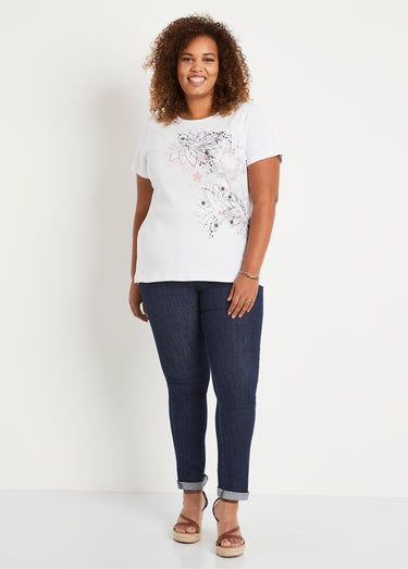 T-shirt long motif fleuri fentes côtés Blanc