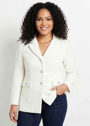 Veste droite boutonnée tissu natté col tailleur Ivoire