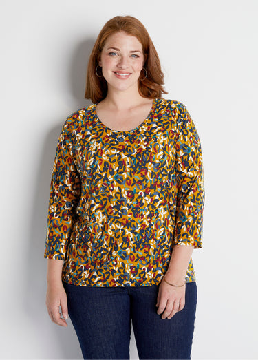 T-shirt court col rond manches 3/4 imprimé Fond Miel