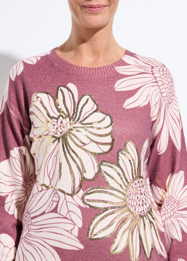 Pull fin imprimé fleurs sequins col rond Grenat