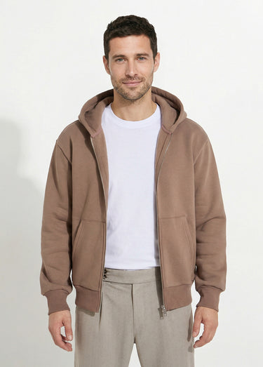 Sweat zippé capuche et poche kangourou Camel