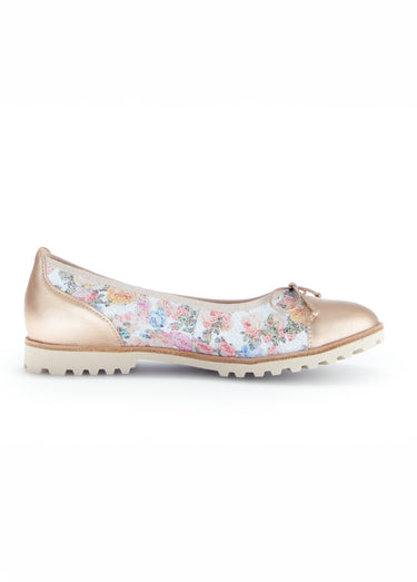 Ballerine fleuries cuir, semelle crantée Fond Blanc