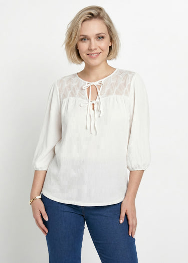 T-shirt col V à nouer manches 3/4 voile Blanc