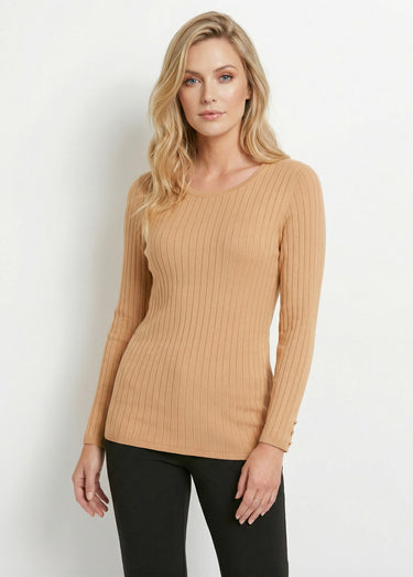 Pull doux côtelé court col rond côtes plates Camel