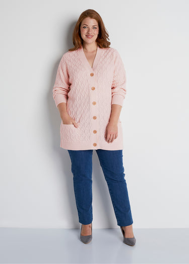 Gilet long boutonné torsades col V Rose