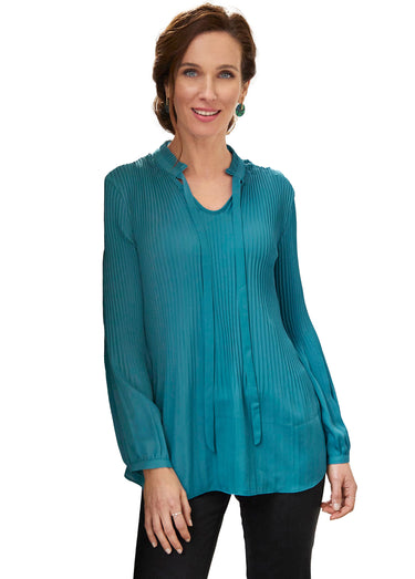 Blouse plissée col froufrou Bleu Canard