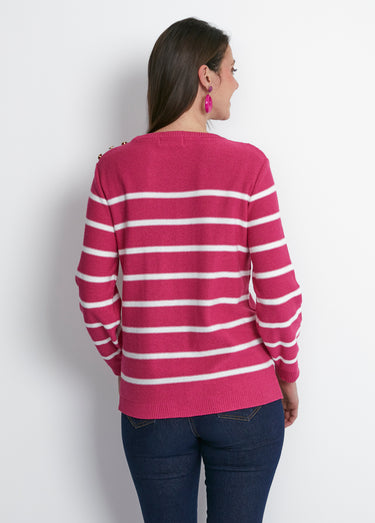 Pull rayures et boutons esprit marinière Framboise/Blanc