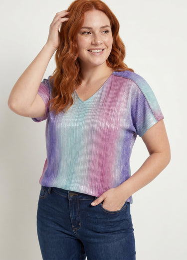 T-shirt court brillant col V effet plissé Rose/Aqua