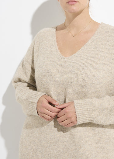 Robe pull longue col V avec laine Ecru