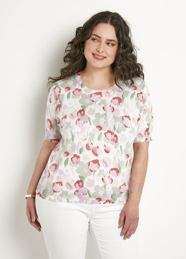 Pull doux manches courtes col rond Vert/Coquelicot