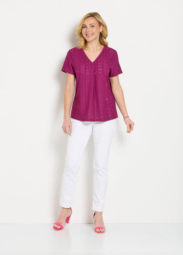 T-shirt ample col V uni effet broderie Cassis