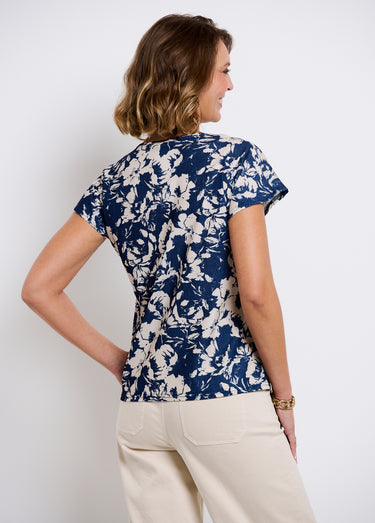 T-shirt manches courtes uni ou imprimé fleurs Marine/Beige