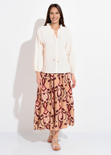 Blouse ample col V fantaisie lien à nouer Beige