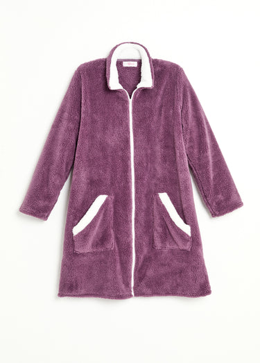 Peignoir court zippé col montant maille peluche Prune