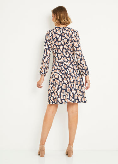 Robe courte maille graphique col V Bleu/Camel