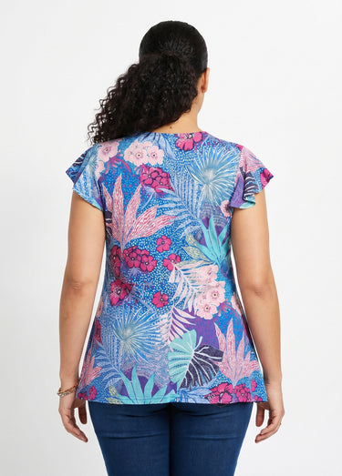 T-shirt long évasé col V drapé Bleu/Fuchsia