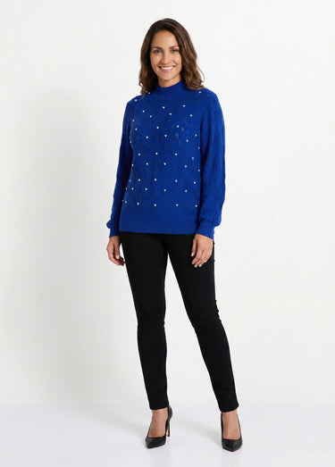 Pull doux ajouré perlé col montant Bleu