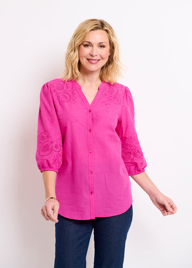Chemisier long coton brodé manches 3/4 Rose