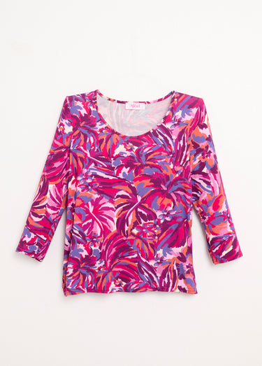 T-shirt col rond manches 3/4 imprimé Imprime Fuchsia