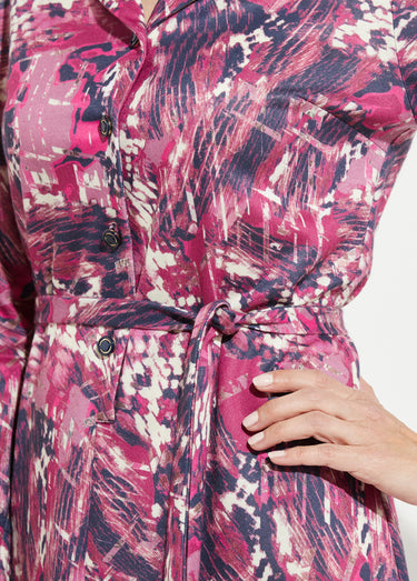 Robe boutonnée col tailleur mi longue imprimée Rose/Marine