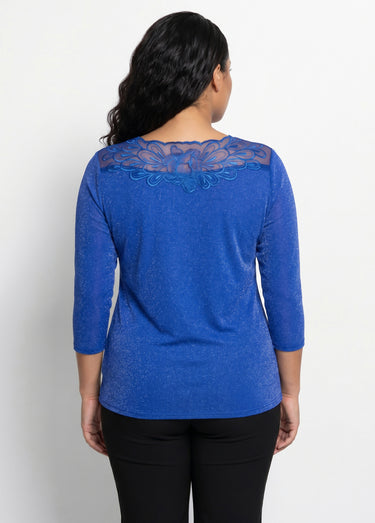 T-shirt manches 3/4 brodé brillant Bleu Cobalt
