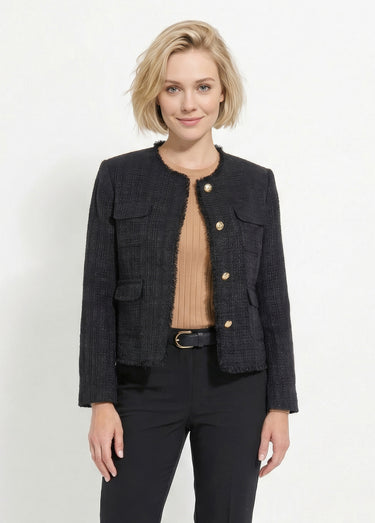 Veste tweed boutonnée frangée sans col Noir