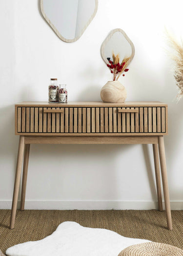 Console en bois claustra, 2 tiroirs Marron