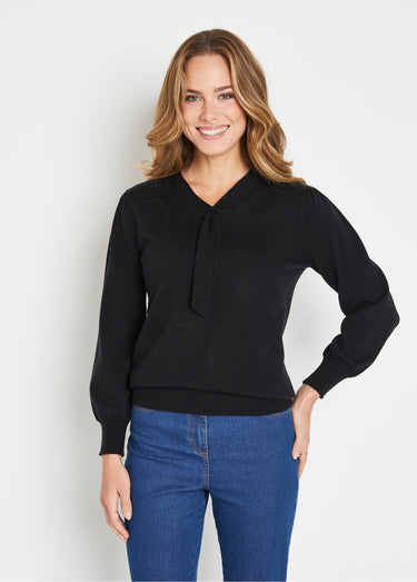 Pull fin col cravate mélange laine Noir