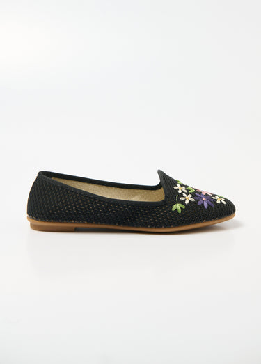 Ballerines ouvertes textile brodé talon plat Noir