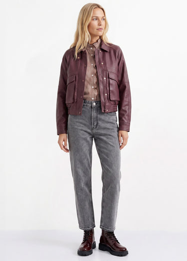 Blouson simili cuir, taille élastiquée Bordeaux