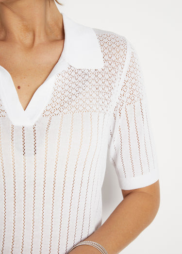 Pull fin col polo ajouré manches courtes Blanc