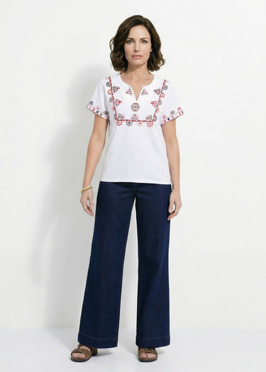 T-shirt manches courtes plastron brodé Blanc