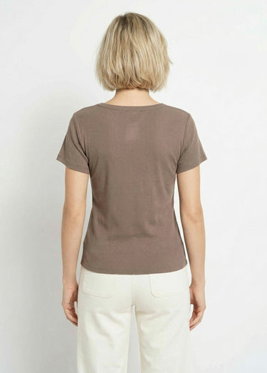 T-shirt col V jersey cotelé, Essentiel Taupe