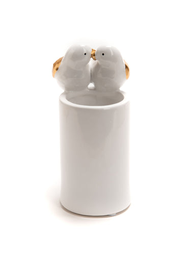 Vase en pierre avec couple oiseaux Blanc / Doré