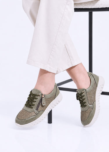 Baskets bi-matière lacées et zippées largeur confort Kaki