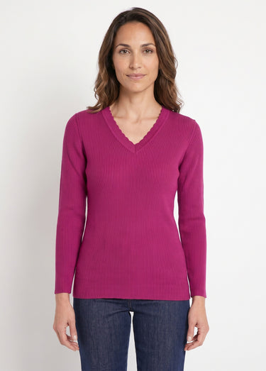 Pull fin uni maille côtelée col V Cyclamen