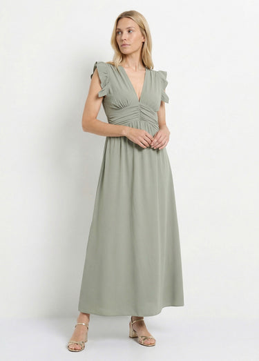Robe longue sans manches taille plissée Kaki