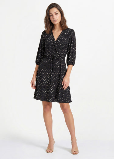 Robe courte cache-coeur imprimé pois Noir/Ecru