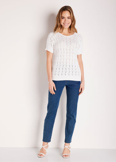 Pull manches courtes ajouré Blanc