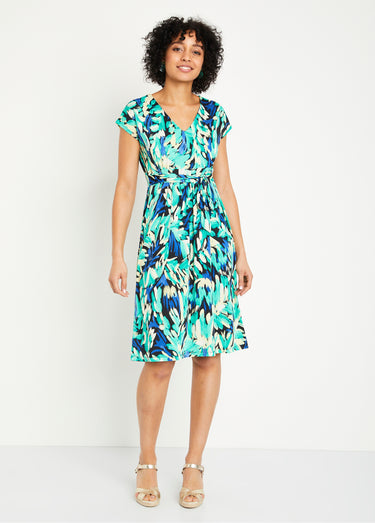 Robe maille courte évasée imprimé fantaisie Bleu/Vert