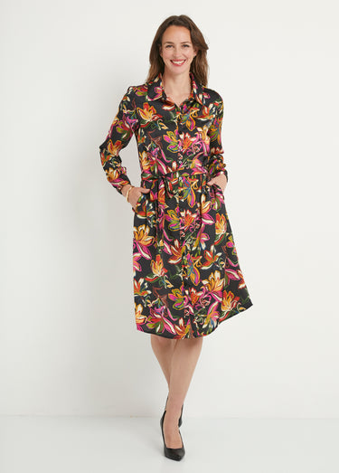Robe chemisier courte fleurie en satin Noir/Rose
