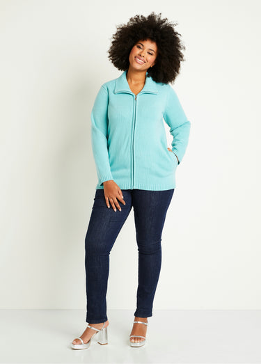 Gilet zippé long uni col montant Aqua