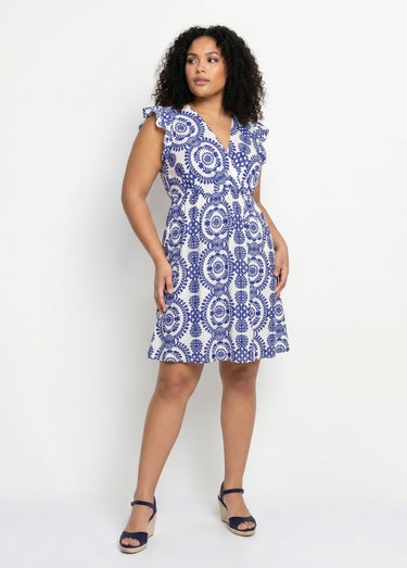 Robe courte cache cœur, volants épaules Bleu / Blanc