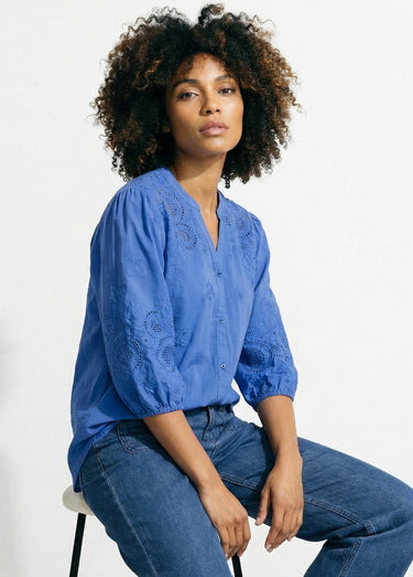 Chemisier long coton brodé manches 3/4 Bleu