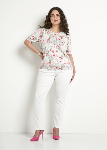Pull doux manches courtes col rond Vert/Coquelicot