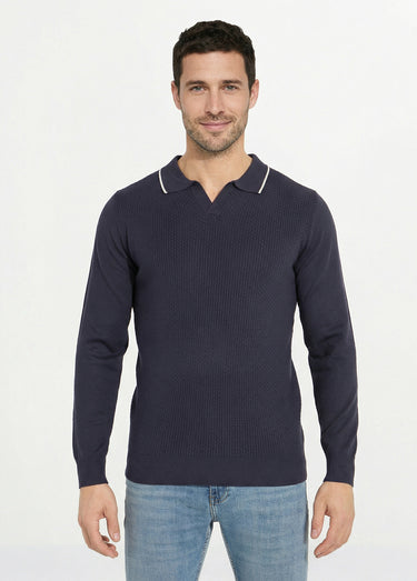 Pull maille texturée fine jauge col polo Marine