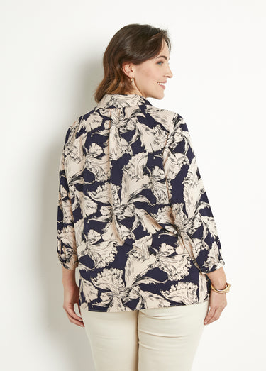 Tunique longue col chemise motif graphique Marine / Blanc