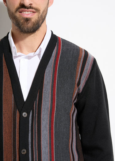 Gilet col V boutonné rayures jacquard laine Noir