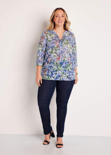 Tunique ample manches 3/4 fleurie Fond Bleu